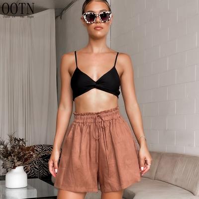 China OOTN 2022 Breathable Casual Elastic Waist Female Shorts Pants Cotton Canvas Wide Leg Brown Shorts Drawstring Women Summer Chic Shorts for sale