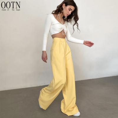 China OOTN Summer Long Pants Breathable Solid Pockets Feminine Women High Waisted Office Work Wide Leg Pants Elegant Yellow Formal Trousers for sale