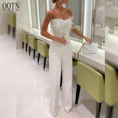 China OOTN Breathable Strapless Tube Neck Slash Neck Feather Top Sexy Night Party Jumpsuit Overalls 2021 Summer Women Elegant Overalls Long for sale