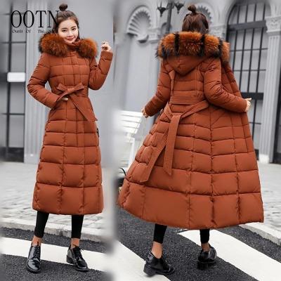 China OOTN Fashion Bow Belt Fox Fur Collar Women's Warm Coat Long Dress 2021 Thick New Winter Breathable Women Coat for sale