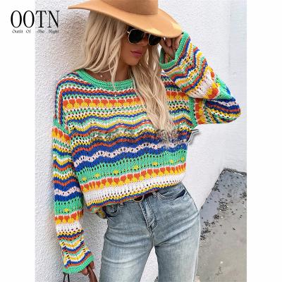 China 2022 Fashion Breathable Cool Summer Women's Casual Jumper OOTN Rocket Sleeve Hollow Out Multi Color Blocked Knitted Sweater Pullover for sale