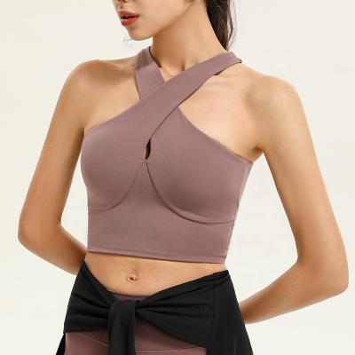 China Breathable High Intensity Shockproof Cross Back Yoga Tie Up Medium Support Sports Bra Top Sustainable for sale