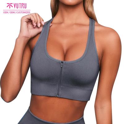 China Breathable Fitness Knitting Rib Round Neck Yoga Sublimation Opening Back Strap Zipper Sports Bra 2022 With Zipper for sale