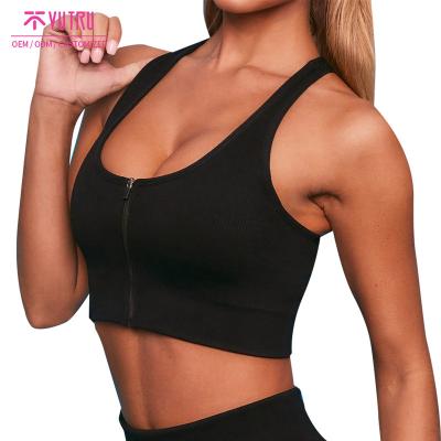 China Boob Tube Breathable Thick Tight 3d Push Up Front Zipper Fitness Top Sport Bra With Strap Black for sale