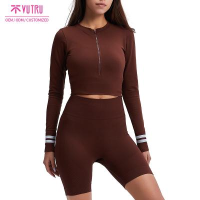 China Yoga Brown Sportswear Women's Breathable Zipper Top Woman Tracksuit Organic Women Gym Half Winter Activewear 2 Piece Set for sale