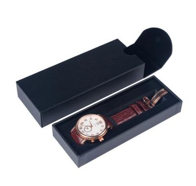 China 2021 Unique Design PU OEM Black Leather Watch Case Boxes Packaging Portable Sliding Drawer Smart Long Watch Box for sale