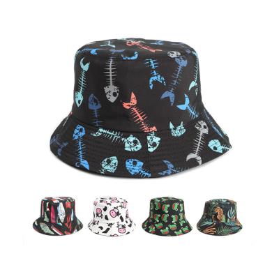 China Sunshade Fashion Fishbone Fisherman Hat Leopard Cow Colorful Gothic Fish Printed Bucket Hat for sale