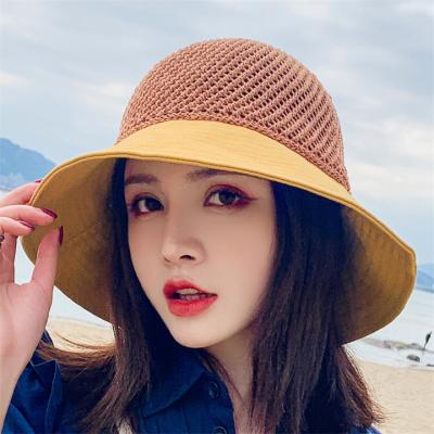 China 2022 new arrival sunshade and decoration weave hat with colorful bow fold basin vintage bow hat folding bucket hat for girl for sale