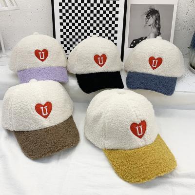 China New Fashion JOINT Design Red Heart With Letter U Embroidered Hat Lady Plush Lamb Wool Baseball Cap For Winter for sale