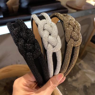 China Fashion Charming Elegant Shine Single Wide Edge Wave Hair Accessories Diamond Sponge Knot Hair Band for sale