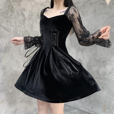 China European American Anti-wrinkle Autumn Winter Lace Velvet Skirt Square Neck Sexy Retro Dress Women for sale