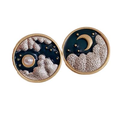 China Alloy+Pearl+Stick Imitation Women's Alloy Pearl Brooch Fashion Retro 18K Epoxy Resin 18K Gold Plated Brooch Sun Moon Mountain River Elegant Brooch for sale