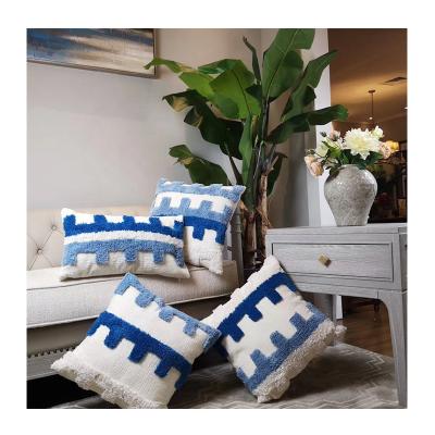 China Morocco Cotton Weave PORTABLE Bohemian Pillow Covers White and Blue Stripe Cushion Tufted Cover for Home for sale