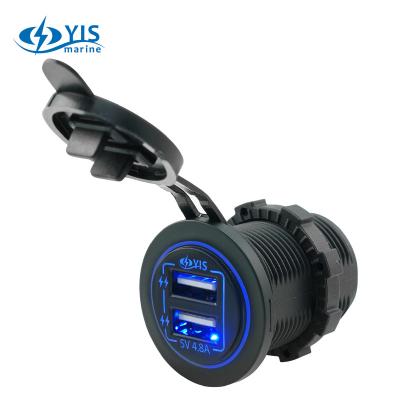 China YIS USB 5V 2.4A Port Mobile 2 Marine Dual Usb Charger With Blue Led Laser Etching Pattern Light Customization 4.8A Max for sale