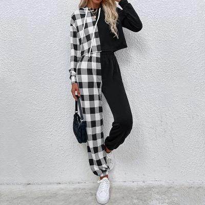 China 2022 autumn fashion women's breathable two-piece plaid black and white sports suit hooded stitching women for sale