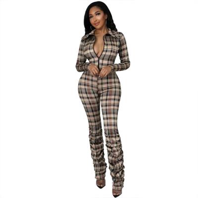 China Women's Breathable Overalls Fall Gray Check Print Lapel Front Bodycon Zipper Long Sleeve Stacked One Piece Jumpsuit Rompers Pants Overalls for sale