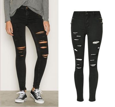 China High Street Fashion Breathable Denim Skinny Jeans Hot Ripped Lady Mid Waist Tight Black Jeans With Zipper Trim Pocket for sale