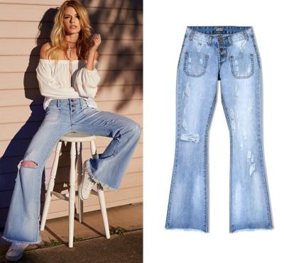 China New Design Breathable High Street Fashion Ripped Bell Bottom Pants Hole Broken Button Front Waist High Lady Jeans for sale