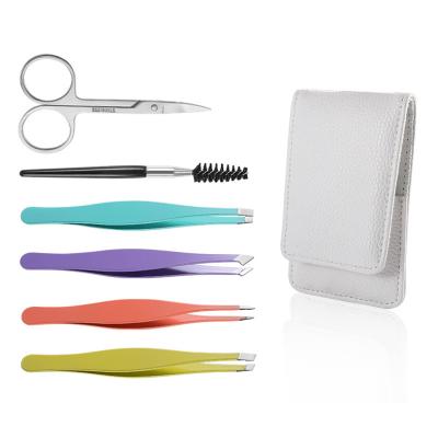 China Daily Grooming 6 PCS Tweezers For Eyebrows, Professional Oblique Tip Tweezers Set, Plucking Daily Beauty Tool With Travel Leather Case for sale