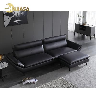 China Modular Modern Style Sectional 4 Seaters And Sneak Black Fabric Technical Water Proof Leather Like Sofa Set for sale