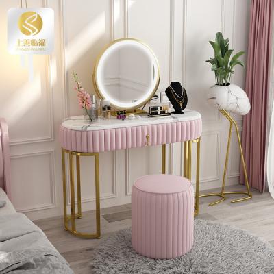 China Custom Made High Quality Modern Pink Wooden Home Dressing Tables Metal Mirror Chairs Simple Set Bedroom Set for sale