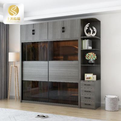 China High Quality Customizable Modern Slide Board Triamine Tempered Glass Grain 2 Door Gray Wood Wardrobe Design for sale