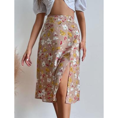 China Latest Design Wholesale Anti-Static Women Printed Skirt Summer High Waist Midi Skirt Lady Floral Casual Floral Print Long Split Skirt for sale