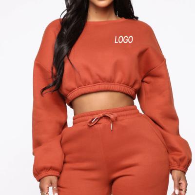 China Custom Embroidered Anti-Wrinkle Women Crewneck Jogger Cropped Sweatshirt Set Wholesale Sweatshirts Girls Croptop Pullover for sale