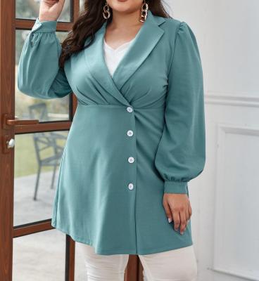 China Original Plus Size 2021 Light Blue Suit Button Down Long Turn Down Collar Lantern Sleeve Women Oversized Blazer Elegant for sale