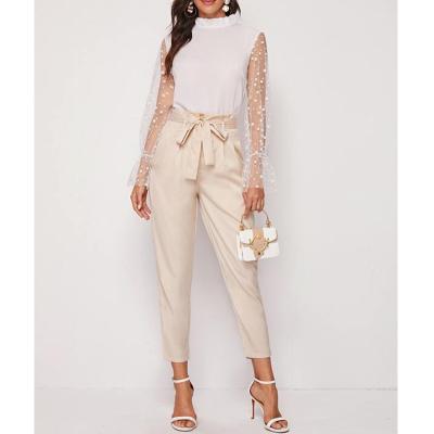 China Anti-Wrinkle Women's Autumn Winter Suit Trousers High Waist Office Lady Tapered Slacks Paperbag Self Belted Oblique Pocket Worked Long Trousers for sale