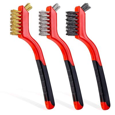 China Easily Cleaned Small Wire Brush Nylon/Brass/Stainless Steel Bristles Scratch Brush Set Curved Handle Grip 3-pack for sale