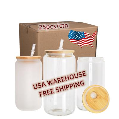 China USA Warehouse Sustainable 12oz 16oz Frosted Sublimation Clear Water Bottle Glass Beer Can Jar With Bamboo Lid And Straws for sale