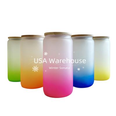 China Sustainable USA Warehouse 16oz 20oz Frosted Gradient Sublimation Tumbler Water Bottle Glass Jar With Bamboo Lid And Straws for sale