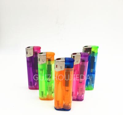 China Custom Logo 5 Colors Large Size Optional Transparent LED Lighters and Gas Lighter Windproof Smoking Electric Cigarette Accessories JD975 for sale