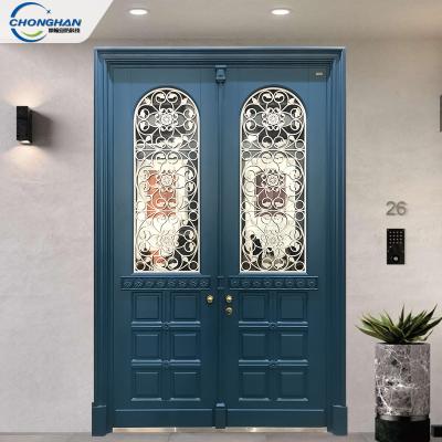 China Eco - Friendly Modern Galvanized Security Wrought Iron Door Fancy Simple Design With Glass for sale