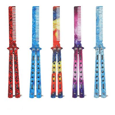 China Classic Colorful Camouflage Stainless Steel Hair Comb Barber Practice Training Pocket Butterfly Folding Comb Knife for sale