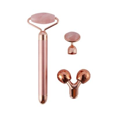 China 2020 New Fashion Face Lift 3 in 1 Electric Vibrating Massager Rose Quartz Roller Facial Massager for Face Lifting for sale