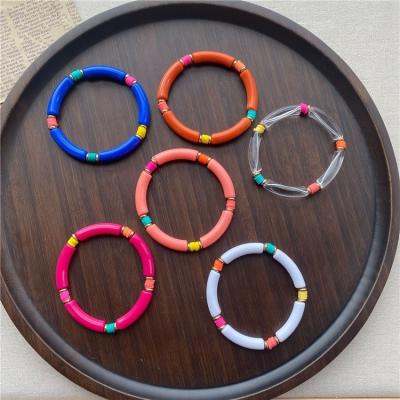 China 2022 New CLASSIC Lady Bohemian Colorful Handmade Acrylic Lucite Curved Beads Clear Bangle Tube Bamboo Bracelet for sale