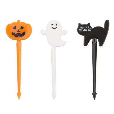 China Disposable Plastic Fork 2pcs Each Food Grade Halloween Fruit Fork Decorative Ghost Cat Shapes Fruit Fork Pumpkin Gold 6cm for sale