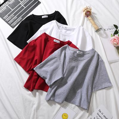 China Regular Solid Neck T-shirt O Neck Cotton T-Shirts Women's Regular Sleeve Shorts Summer High Waist Crop Top Stitch Casual Loose T-shirt Female for sale