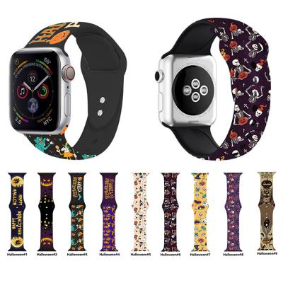 China Custom Silicone OEM Sport Halloween Printed Luxury Soft Silicone Smart Wrist Watch Strap Bands For Apple for sale