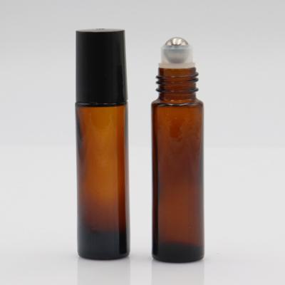 China 10ml Cosmetic Essential Oil Perfume Roller Bottle Amber Frosted Different Cap Roll On Glass Bottle for sale