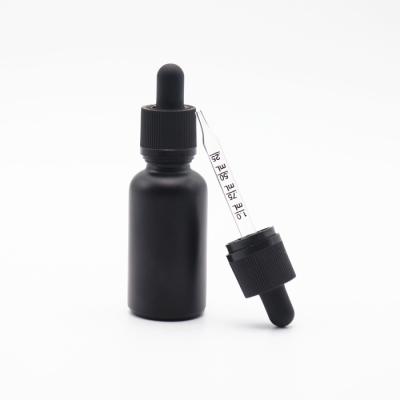 China Hot Sale Personal Care Cosmetic Essential Oil E Serum Liquid Black Frosted 30ml Dropper Glass Bottle With Child Proof Plastic Cap for sale