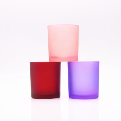 China Home Decoration Frosted Candle Red Glass Jar Matte Candle Jars Purple Pink Cylinder Custom Candle Jar With Lid for sale