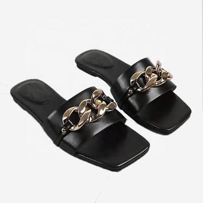 China 2022 Designer Ring Fashion Metal Pu Rubber Fashion Trend Slippers Summer Flat Shoes Low Heeled Women Sandals for Female and Ladies for sale