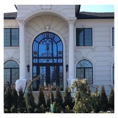 China Functional glass for ventilation and easy cleaning Arched wrought iron double top french front entry door with position lights and exterior steel transom main entry door grill design for sale