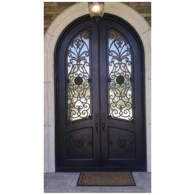 China Decoration arched top wrought iron double front entrance doors French iron exterior entrance doors for sale