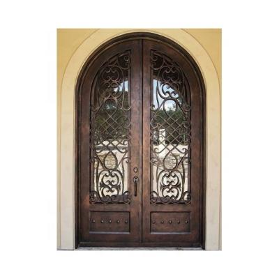 China Decorative Wrought Iron Arched Upper French Front Entry Doors Double Iron Exterior Main Entry Door Grill Design for sale