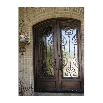 China Decoration arched top wrought iron double front entrance doors French iron exterior entrance doors for sale