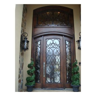 China New Ornamental Arched Top Decoration Wrought Iron Front Entry Door With Sidelights Iron Exterior Main Entry Door Grill Designs for sale